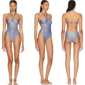 WOLFORD Disco High Shine Metallic Blue One Piece Swimsuit Womens XL NEW
